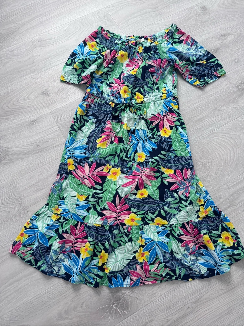 Navy Tropical Floral Off-Shoulder Dress